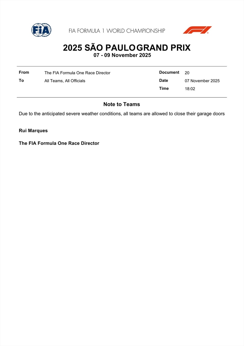 Allerta meteo su San Paolo, la FIA autorizza la chiusura dei box: a rischio la Sprint
