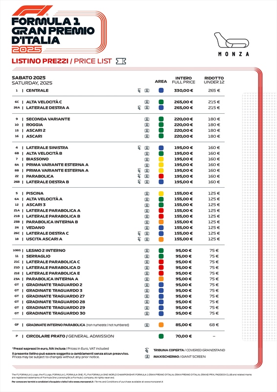 Formula 1 - I prezzi ufficiali dei biglietti per i GP italiani 2025 di Imola e Monza