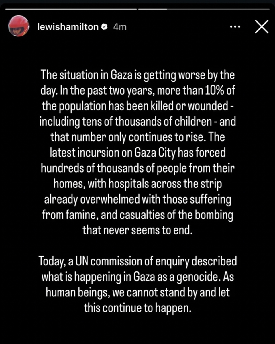 «Genocidio a Gaza»: il monito di Hamilton scuote la Formula 1