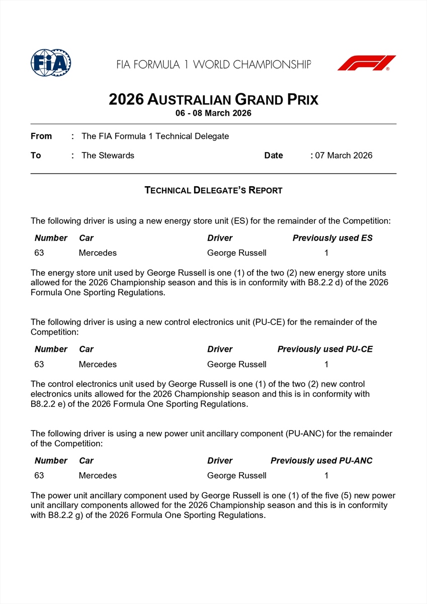 GP Australia 2026 - Situazione Power Unit: già 3 cambi sulla Mercedes di Russell