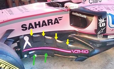 Gp Bahrain: Force India VJM10 con nuovi turning vanes, bargeboards e deviatori di flusso - Gp Bahrain: Force India VJM10 con nuovi turning vanes, bargeboards e deviatori di flusso