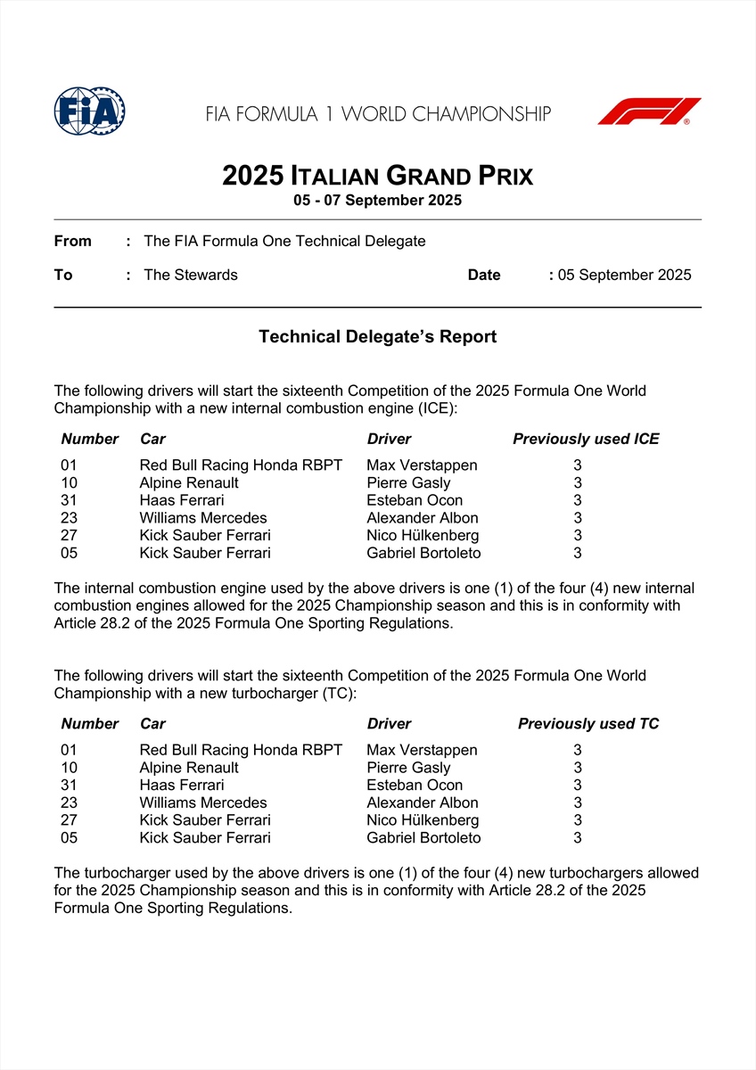 GP Italia - Tabella ufficiale componenti Power Unit: penalità «calcolate» a Monza (aggiornato)