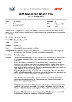 GP Singapore - Hamilton ignora la bandiera rossa: il verdetto della FIA - GP Singapore - Hamilton ignora la bandiera rossa: il verdetto della FIA