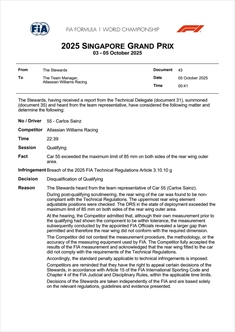 Qualifiche Singapore: la FIA squalifica Albon e Sainz - Qualifiche Singapore: la FIA squalifica Albon e Sainz