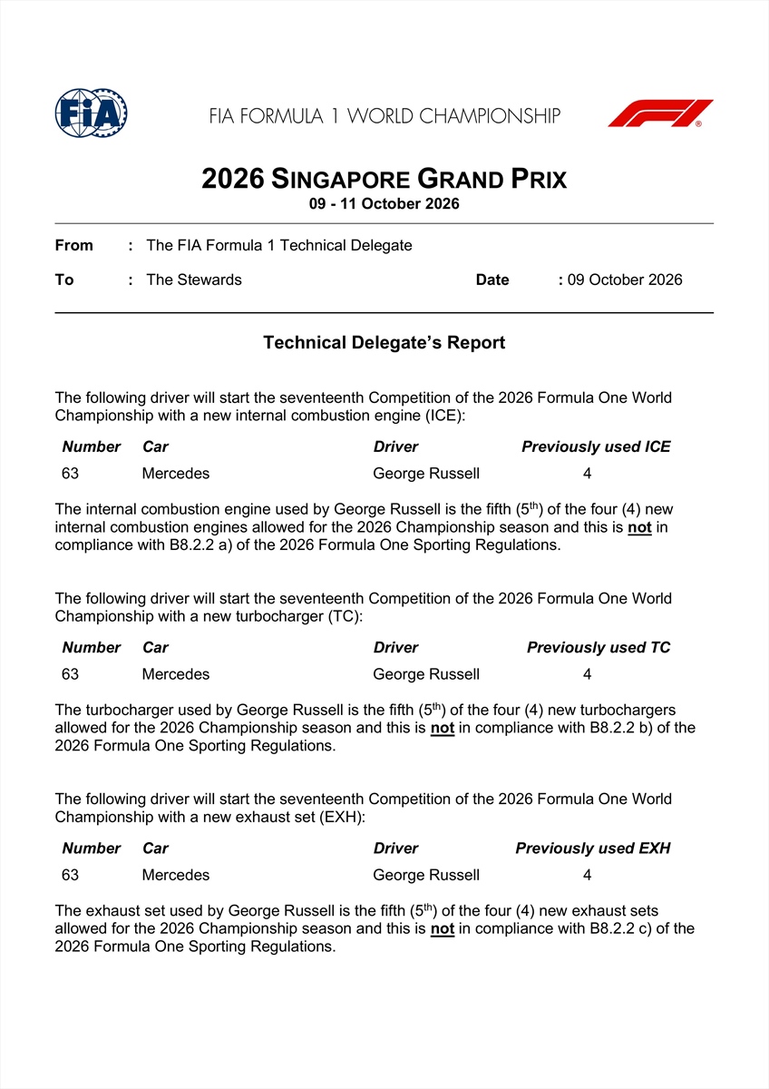 Russell exceeds limits on six components in Singapore: full engine situation