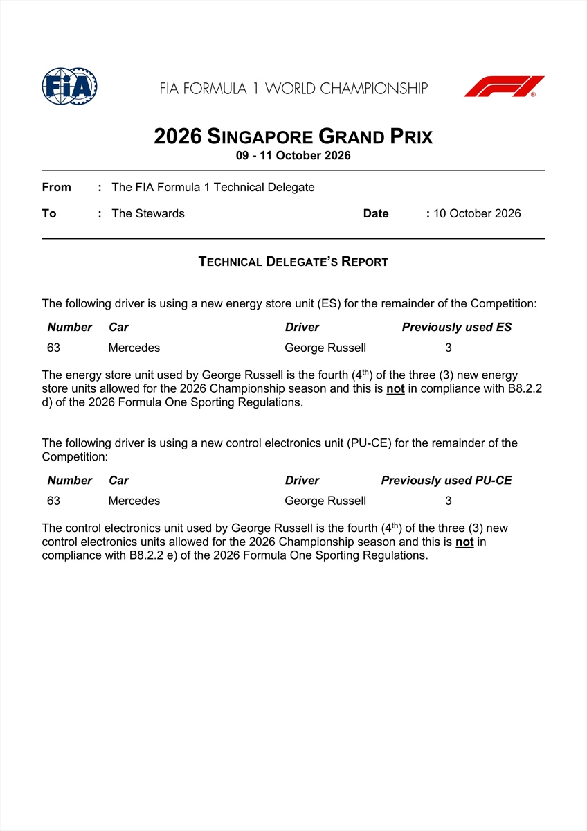 Russell exceeds limits on six components in Singapore: full engine situation