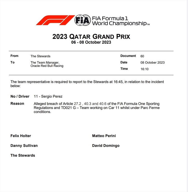 UFFICIALE - Ancora una penalità sulla griglia di partenza in Qatar, questa volta per Checo