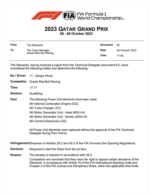 UFFICIALE - Ancora una penalità sulla griglia di partenza in Qatar, questa volta per Sergio Perez