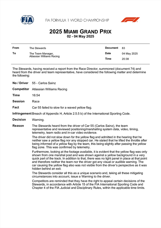 UFFICIALE: Dal contatto Hamilton-Sainz a Russell. Tutte le decisioni della FIA a Miami