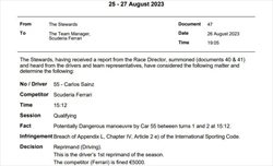 UFFICIALE- Ferrari sanzionata per la manovra di Sainz. Penalità anche tra gli impeding - UFFICIALE- Ferrari sanzionata per la manovra di Sainz. Penalità anche tra gli impeding