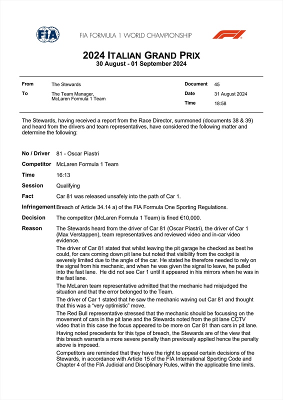 UFFICIALE - La decisione della FIA su Piastri, Pérez e Stroll