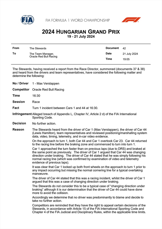 UFFICIALE - La decisione della FIA sull''incidente Verstappen-Hamilton