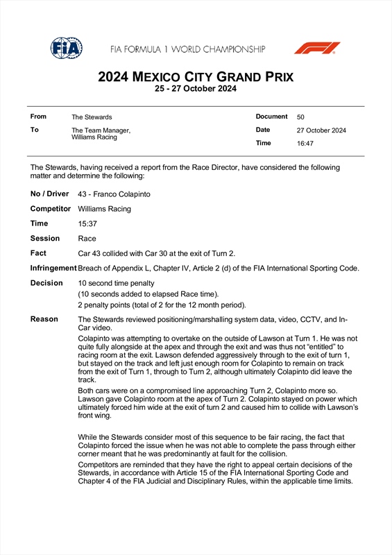 GP Messico - La FIA interviene con una penalità a fine gara: i dettagli