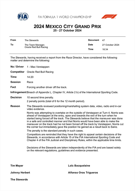 GP Messico - La FIA interviene con una penalità a fine gara: i dettagli