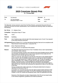 UFFICIALE - La FIA penalizza un pilota: cambia la griglia di partenza del GP del Canada - UFFICIALE - La FIA penalizza un pilota: cambia la griglia di partenza del GP del Canada