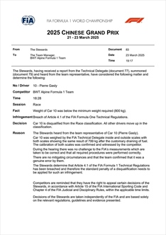UFFICIALE - Leclerc, Hamilton e Gasly squalificati dal GP di Cina - UFFICIALE - Leclerc, Hamilton e Gasly squalificati dal GP di Cina