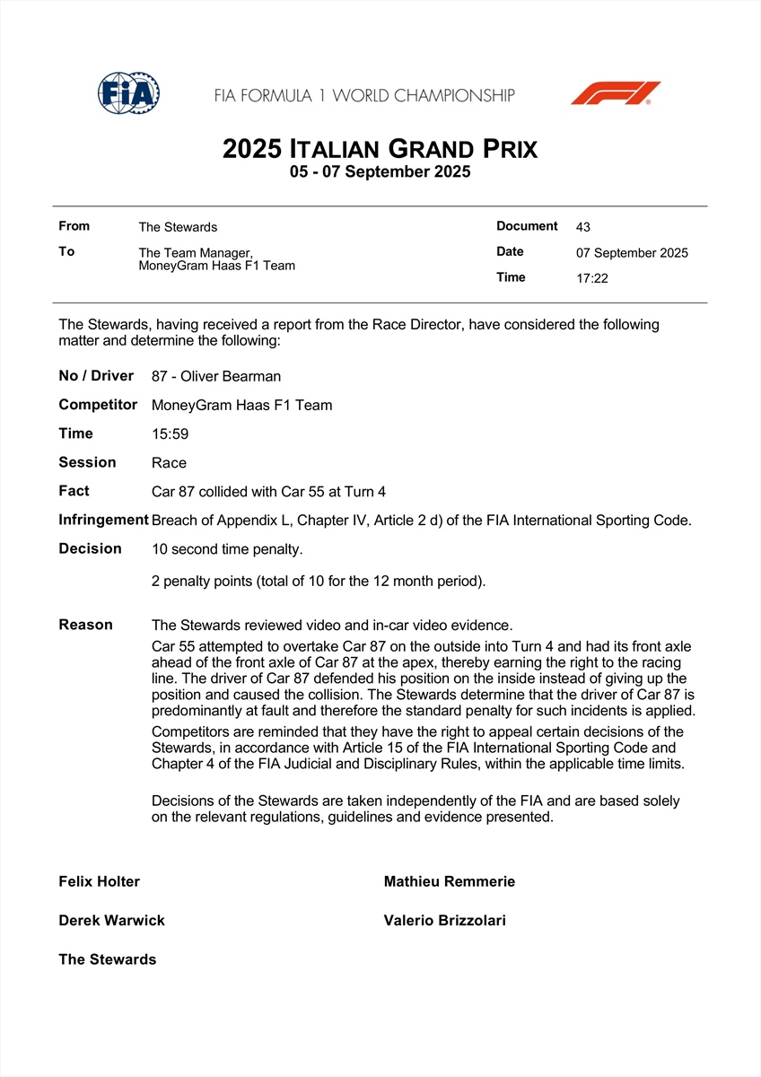 UFFICIALE - Monza: le decisioni FIA su Antonelli, Bearman, Alonso e Stroll