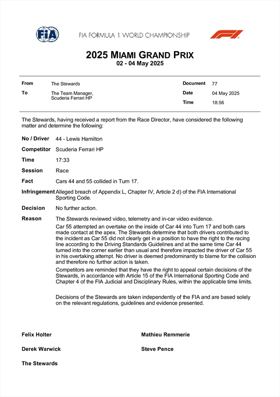 UFFICIALE: Non solo il contatto Hamilton-Sainz, tutte le decisioni della FIA a Miami