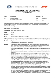 UFFICIALE - Tutte le sanzioni della FIA a Monaco: ecco la classifica finale del GP - UFFICIALE - Tutte le decisioni della FIA a Monaco: ecco la classifica finale del GP